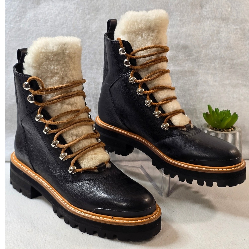 Marc Fisher Izzie Lugsole Ankle Boots Black Leather Shearling‎ Trim Womens 6.5